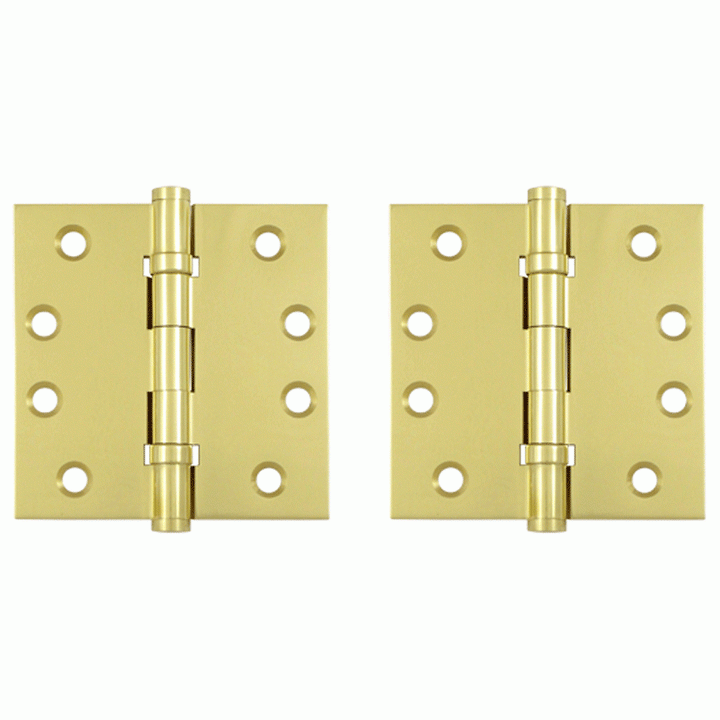 Pair 4 Inch X 4 Inch Double Ball Bearing Hinge Interchangeable Finials (Square Corner, Polished Brass Finish) DELTANA