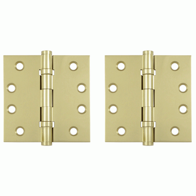 Pair 4 Inch X 4 Inch Double Ball Bearing Hinge Interchangeable Finials (Square Corner, Unlacquered Brass Finish) DELTANA