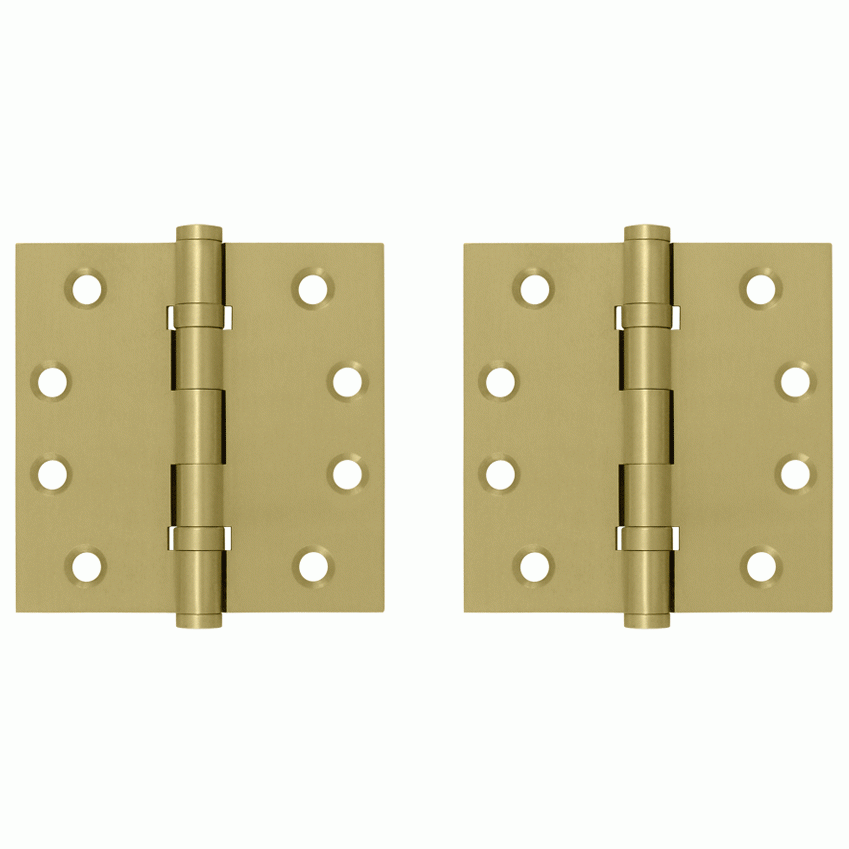 Pair 4 Inch X 4 Inch Double Ball Bearing Hinge Interchangeable Finials (Square Corner, Brushed Brass Finish) DELTANA