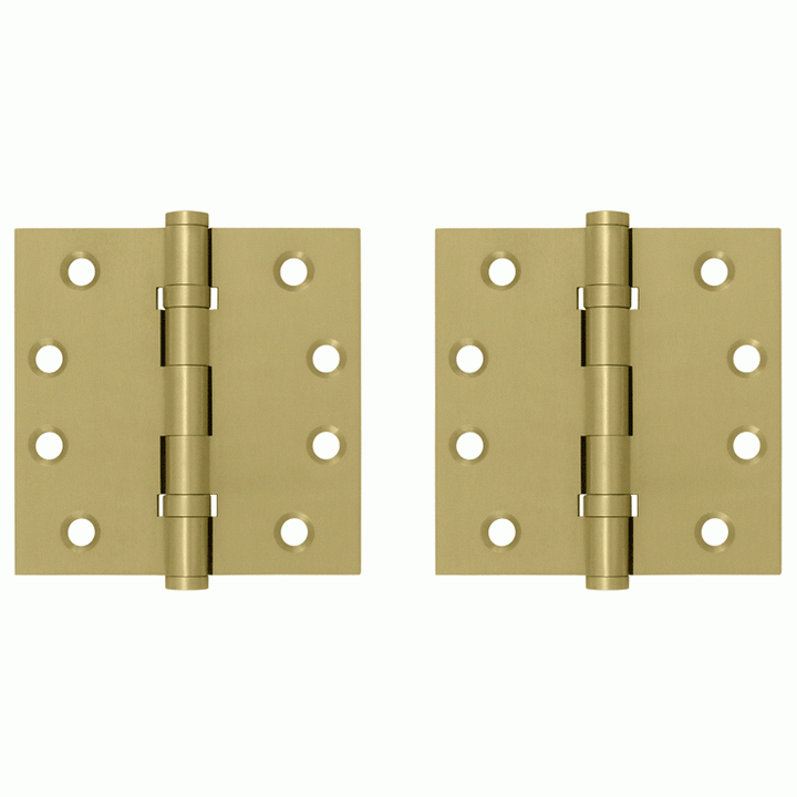 Pair 4 Inch X 4 Inch Double Ball Bearing Hinge Interchangeable Finials (Square Corner, Brushed Brass Finish) DELTANA