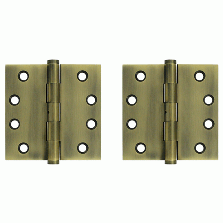 Pair 4 Inch X 4 Inch Non-Removable Pin Hinge Interchangeable Finials (Square Corner, Polished Brass Finish) DELTANA