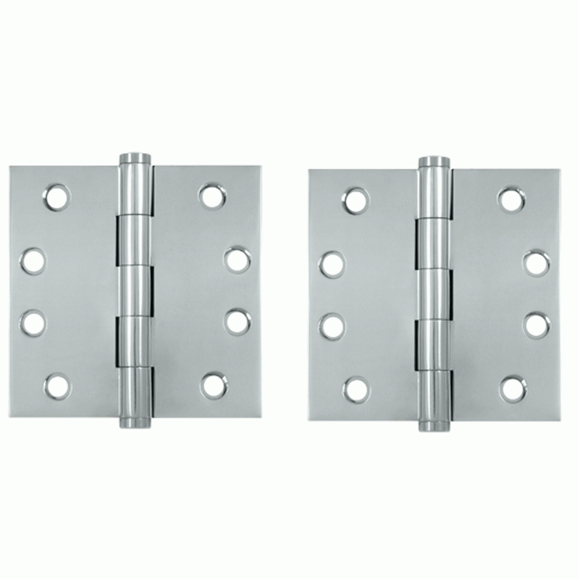 Pair 4 Inch X 4 Inch Solid Brass Hinge Interchangeable Finials (Square Corner, Chrome Finish) DELTANA