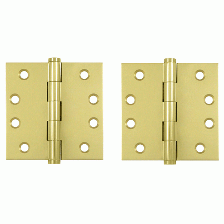 Pair 4 Inch X 4 Inch Solid Brass Hinge Interchangeable Finials (Square Corner, Polished Brass Finish) DELTANA