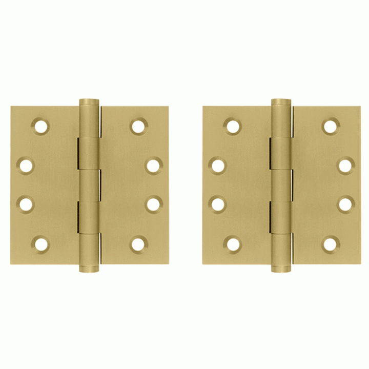 Pair 4 Inch X 4 Inch Solid Brass Hinge Interchangeable Finials (Square Corner, Brushed Brass Finish) DELTANA