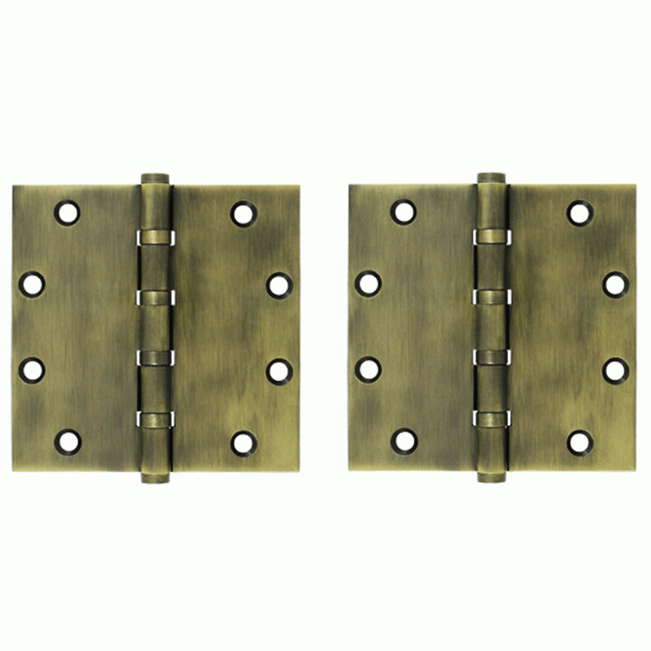 5 Inch X 5 Inch Solid Brass Four Ball Bearing Square Hinge (Antique Brass Finish) DELTANA