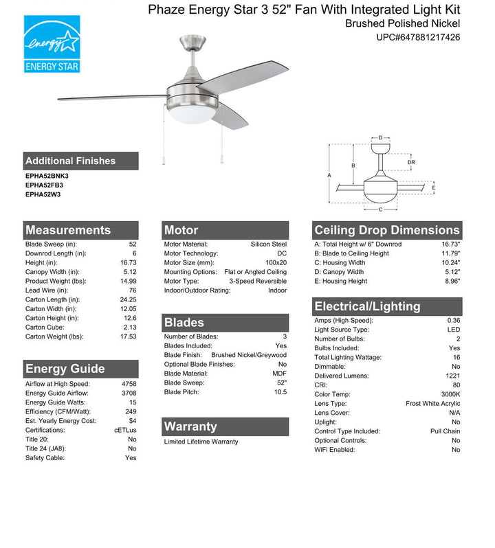 CRAFTMADE 52" Phaze Energy Star 3 in Brushed Polished Nickel w/ Brushed Nickel/Greywood Blades