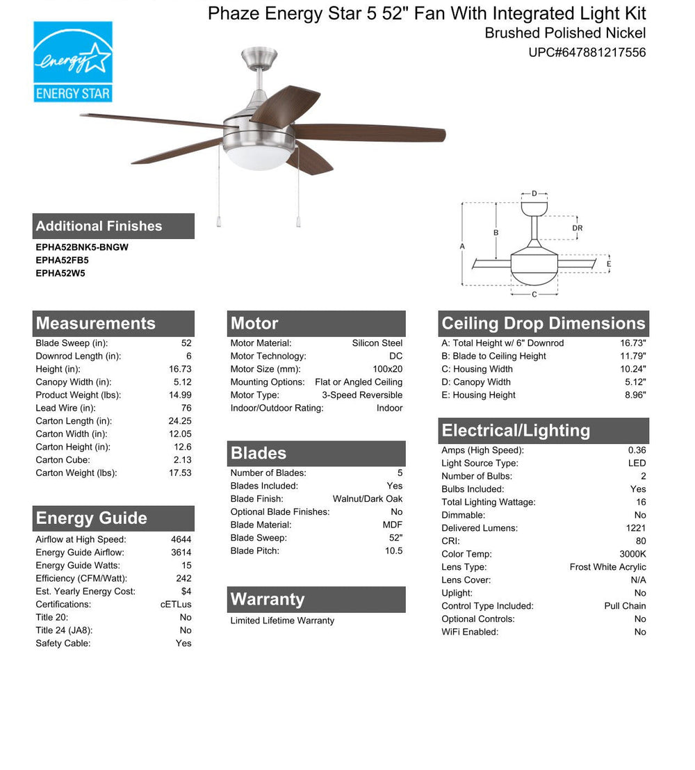 CRAFTMADE 52" Phaze Energy Star 5 in Brushed Polished Nickel w/ Walnut/Dark Oak Blades