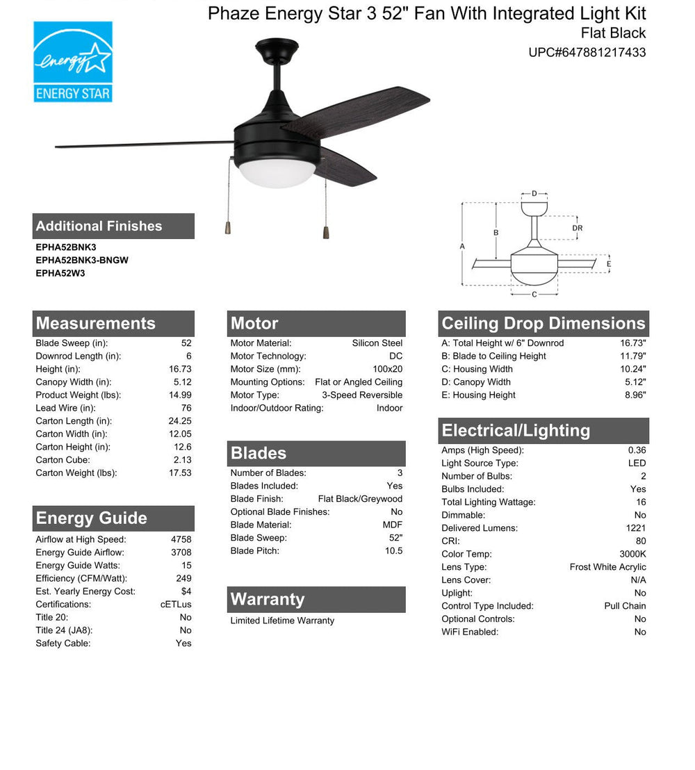 CRAFTMADE 52" Phaze Energy Star 3 in Flat Black w/ Flat Black/Greywood Blades