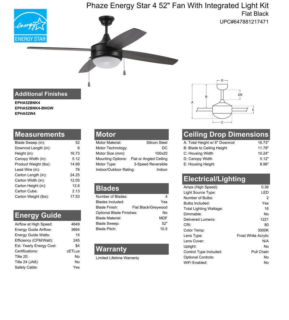 CRAFTMADE 52" Phaze Energy Star 4 in Flat Black w/ Flat Black/Greywood Blades