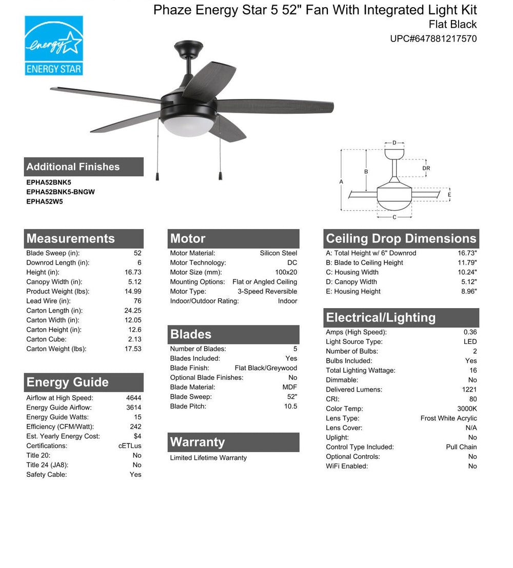 CRAFTMADE 52" Phaze Energy Star 5 in Flat Black  w/ Flat Black/Greywood Blades