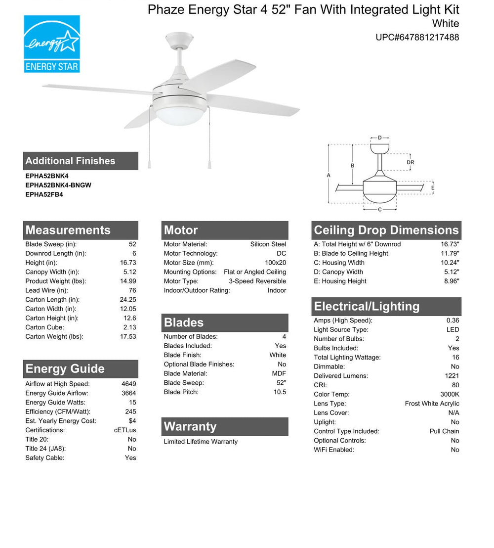 CRAFTMADE 52" Phaze Energy Star 4 in White w/ White Blades