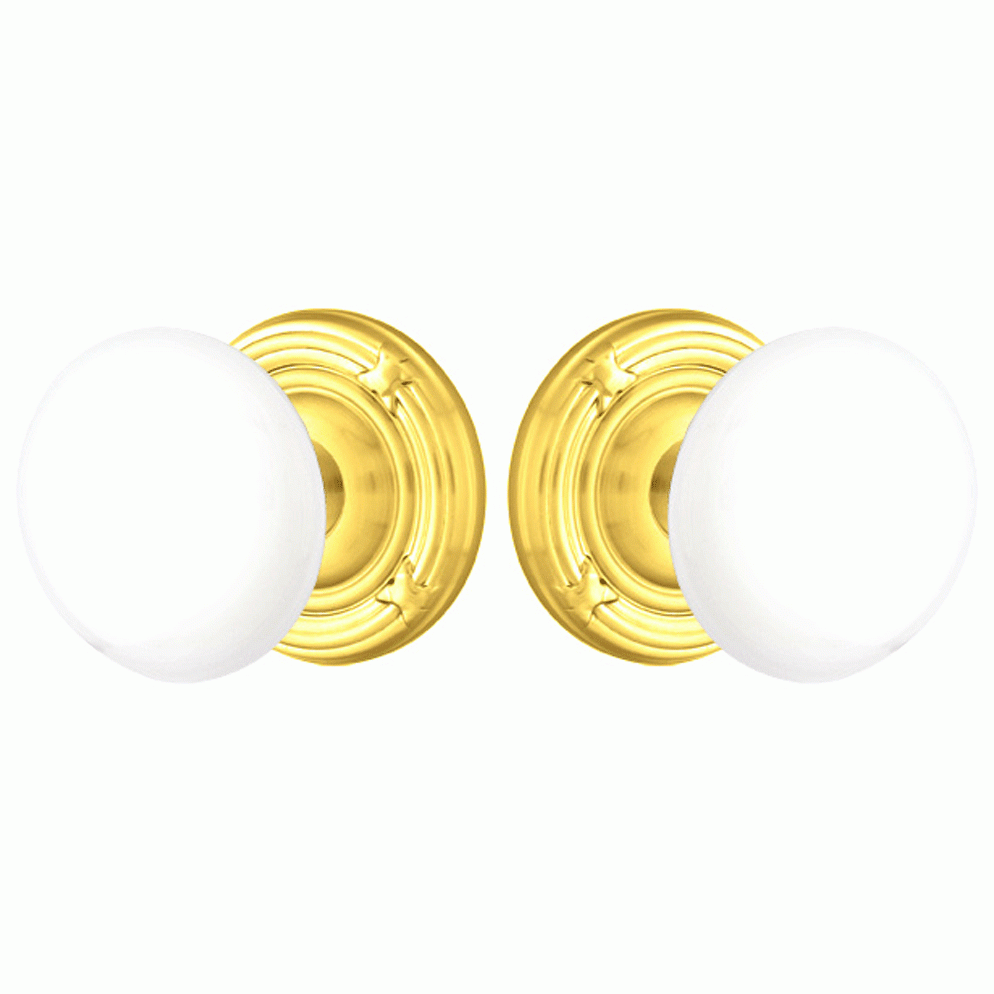 EMTEK Ice White Porcelain Door Knob Set With Ribbon & Reed Rosette