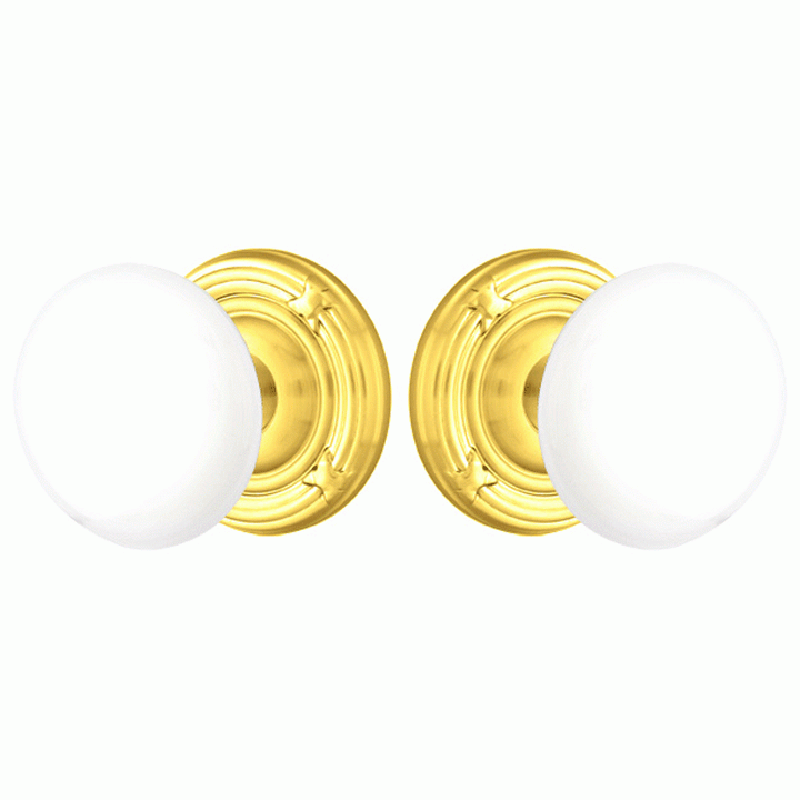 EMTEK Ice White Porcelain Door Knob Set With Ribbon & Reed Rosette