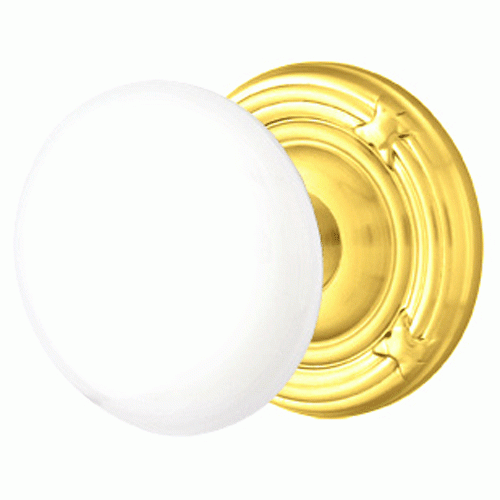 EMTEK Ice White Porcelain Door Knob Set With Ribbon & Reed Rosette