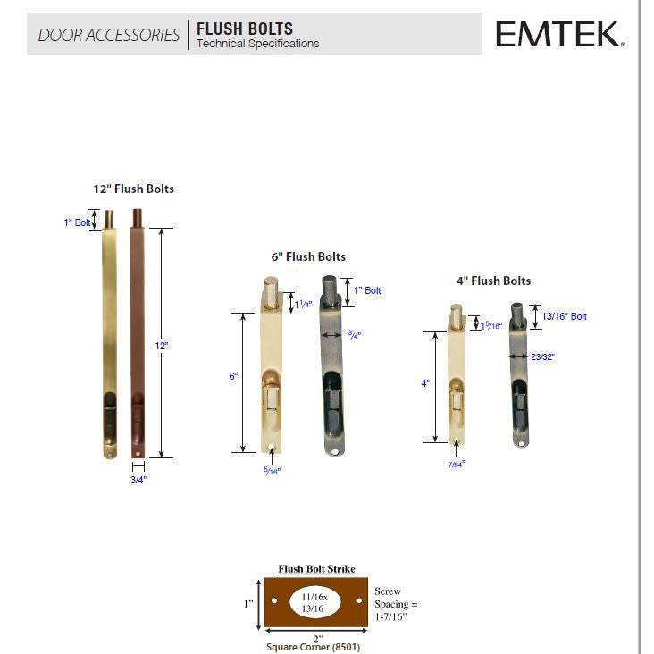 EMTEK Solid Brass Mortised Flush Bolt (Brushed Nickel Finish)