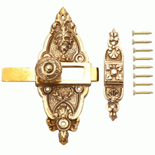 COPPER MOUNTAIN HARDWARE 5 1/2 Gargoyle French Door or Cabinet Slide Bolt Latch (Lacquered Brass Finish)