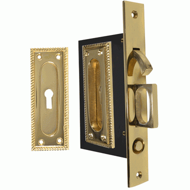 COPPER MOUNTAIN HARDWARE Georgian Square Pattern Single Pocket Privacy (Lock) Style Door Set (Polished Brass)