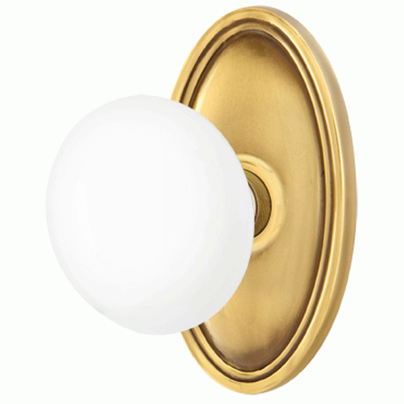 EMTEK Ice White Porcelain Door Knob Set With Oval Rosette