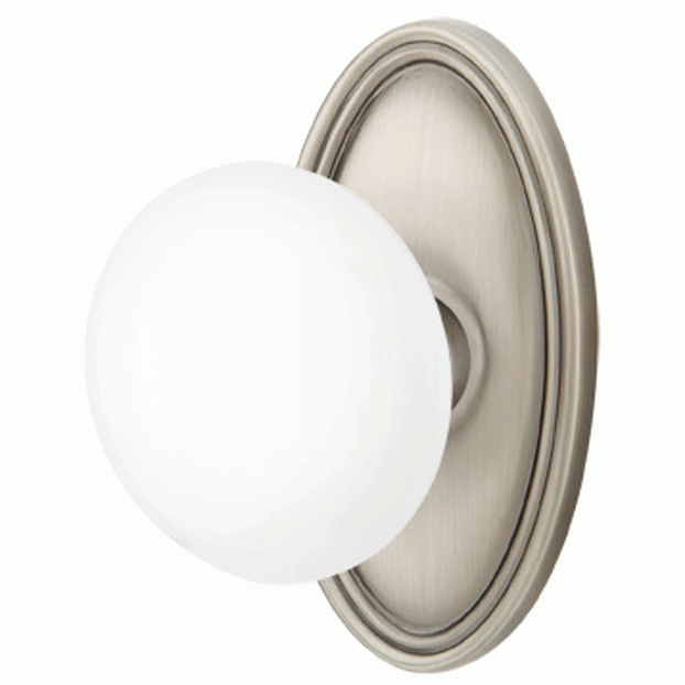 EMTEK Ice White Porcelain Door Knob Set With Oval Rosette