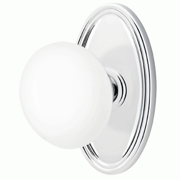 EMTEK Ice White Porcelain Door Knob Set With Oval Rosette