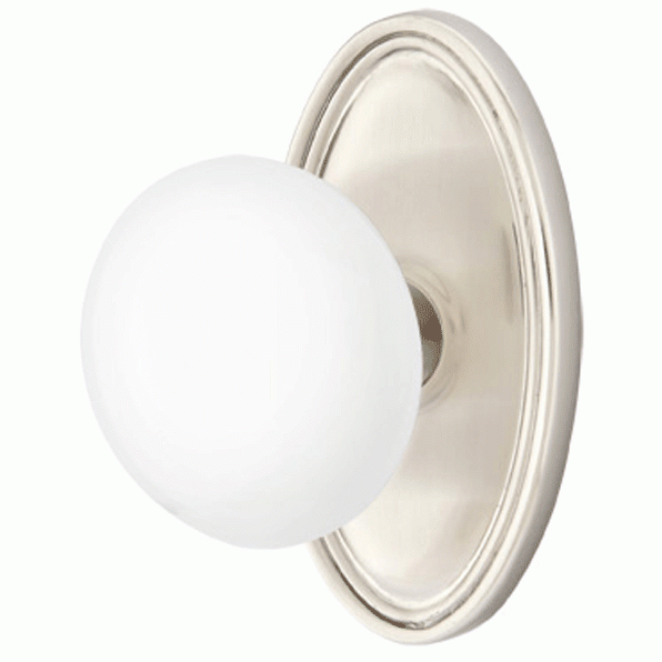 EMTEK Ice White Porcelain Door Knob Set With Oval Rosette