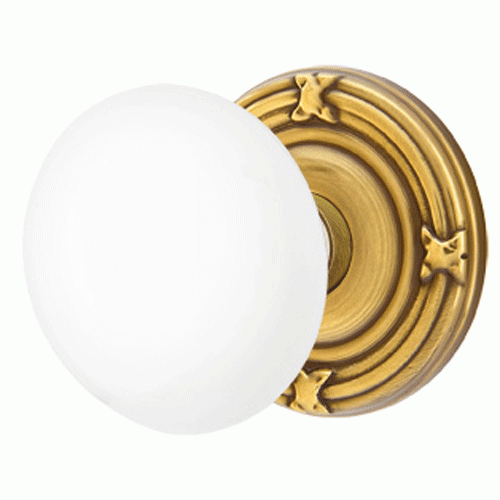 EMTEK Ice White Porcelain Door Knob Set With Ribbon & Reed Rosette