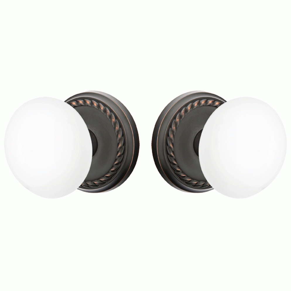 EMTEK Ice White Porcelain Door Knob Set With Rope Rosette