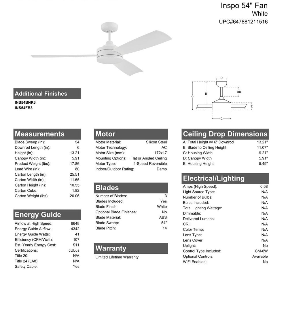 CRAFTMADE 54" Inspo Indoor/Outdoor (Damp) in White w/ White Blades