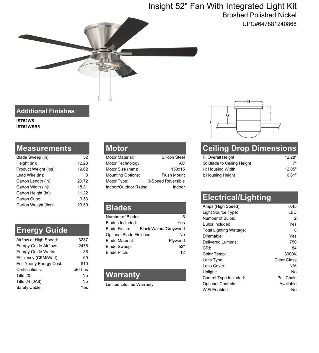 CRAFTMADE 52" Insight Brushed Nickel Finish, Black Walnut/Greywood Blades, Integrated Light kit Included