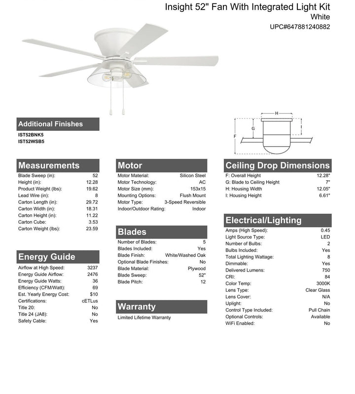 CRAFTMADE 52" Insight White Finish, White/Washed Oak Blades, Integrated Light kit Included