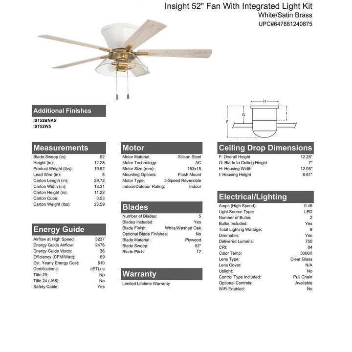 52" Insight White/SB Finish, White/Washed Oak Blades, Integrated Light kit Included CRAFTMADE