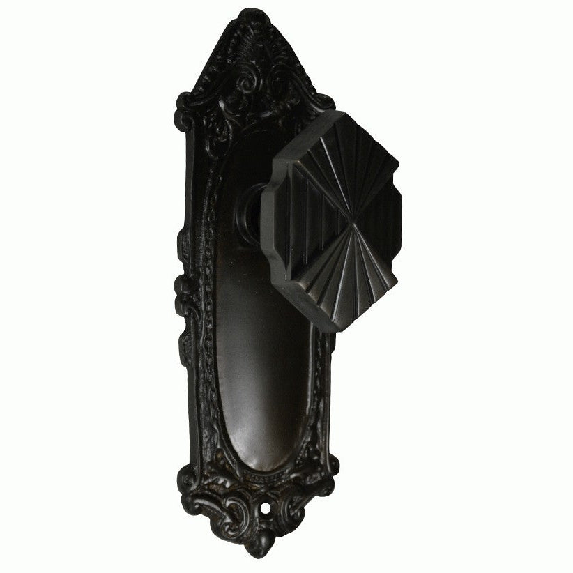 Ornate Victorian Long Backplate Door Set with Art Deco Fanfare Door Knobs (Several Finishes Available)
