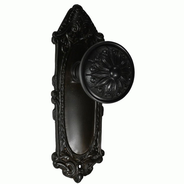 Round Solid Brass Doorknob with Ornate Victorian Backplate (Several Finishes Available)