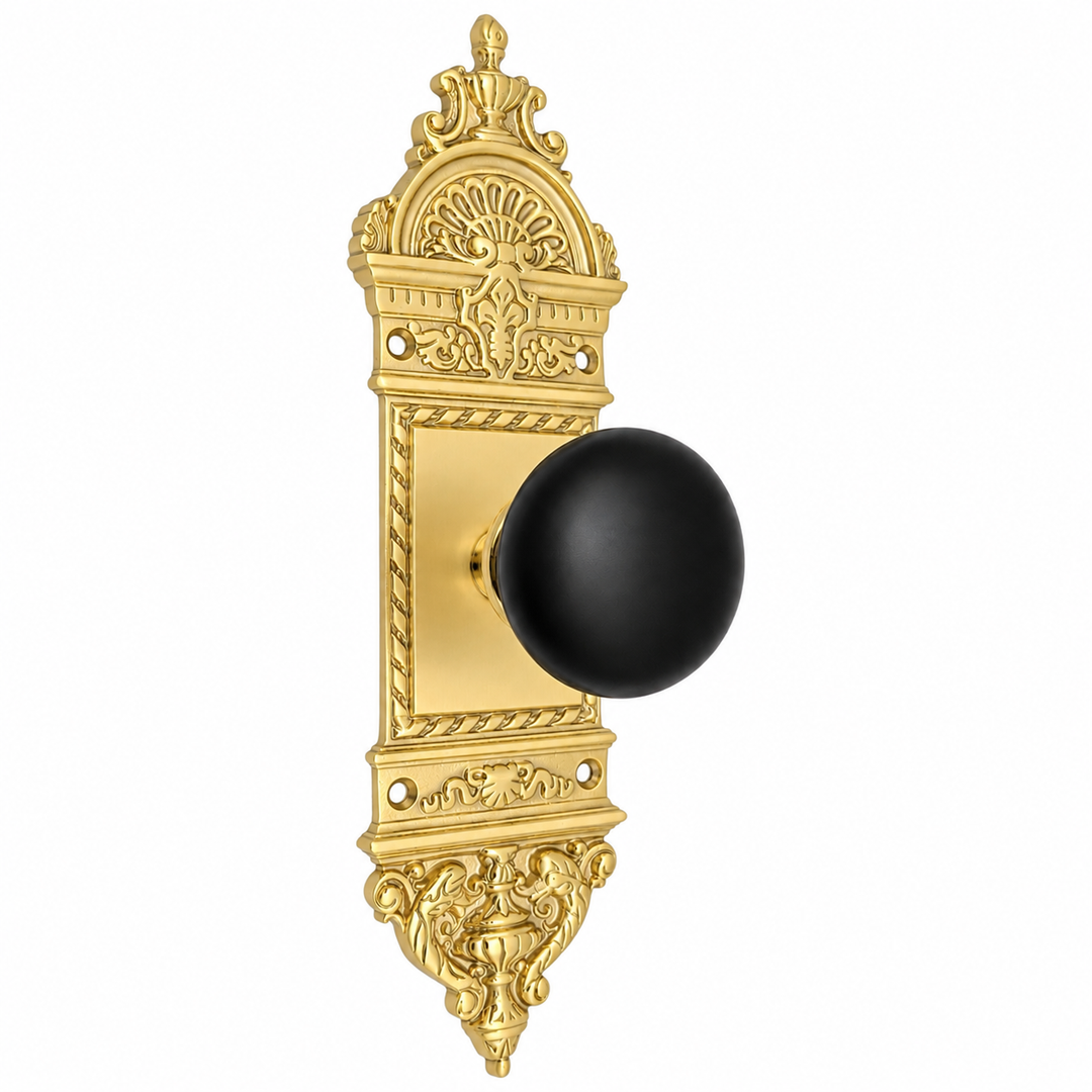 L'Enfant Small Backplate Door Set with Black Porcelain Door Knobs (Polished Chrome)