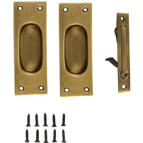 COPPER MOUNTAIN HARDWARE New Traditional Square Pattern Single Pocket Passage Style Door Set (Antique Brass Finish)