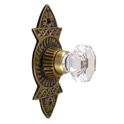 COPPER MOUNTAIN HARDWARE 1 3/8 Inch Crystal Octagon Knob Eastlake Backplate (Antique Brass Finish)