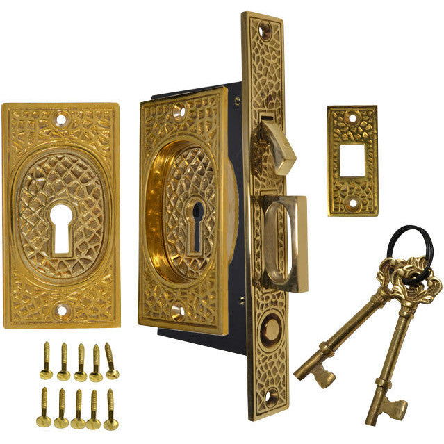 COPPER MOUNTAIN HARDWARE Craftsman Pattern Single Pocket Privacy (Lock) Style Door Set (Polished Brass)