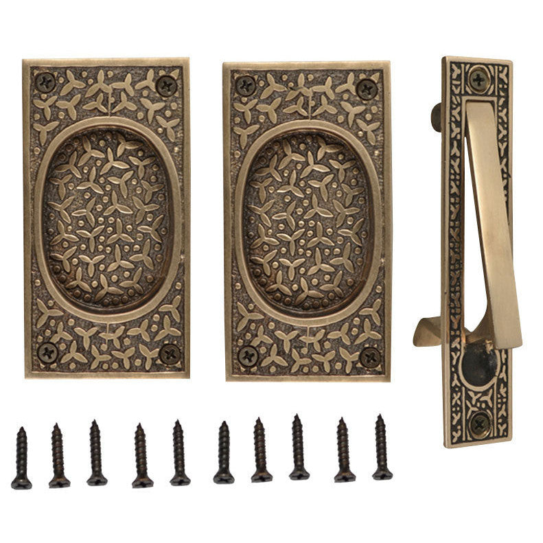 COPPER MOUNTAIN HARDWARE Rice Pattern Single Pocket Passage Style Door Set (Antique Brass Finish)