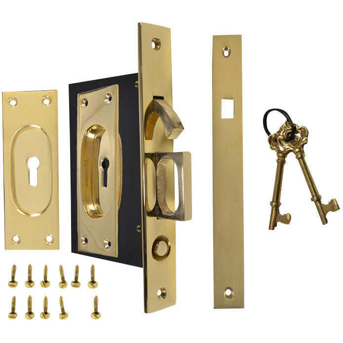 COPPER MOUNTAIN HARDWARE New Traditional Square Pattern Single Pocket Privacy (Lock) Style Door Set (Polished Brass)