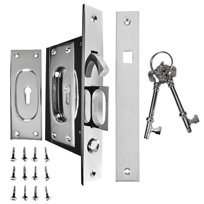 COPPER MOUNTAIN HARDWARE New Traditional Square Pattern Single Pocket Privacy (Lock) Style Door Set (Polished Chrome)