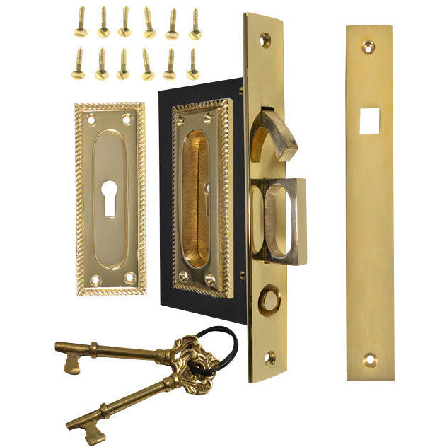 COPPER MOUNTAIN HARDWARE Georgian Square Pattern Single Pocket Privacy (Lock) Style Door Set (Polished Brass)