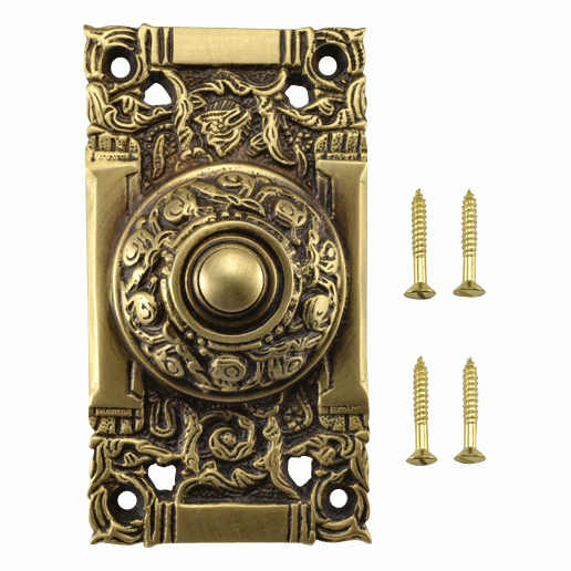 COPPER MOUNTAIN HARDWARE 4 1/4 Inch Art Nouveau Solid Brass Doorbell (Antique Brass Finish)