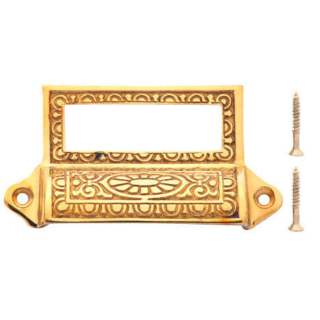 COPPER MOUNTAIN HARDWARE 4 1/8 Inch Overall (3 1/2 Inch c-c) Solid Brass Victorian Label Style Bin Pull (Polished Brass Finish)