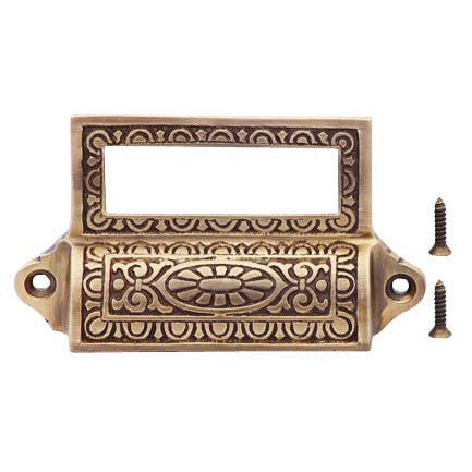 COPPER MOUNTAIN HARDWARE 4 1/8 Inch Overall (3 1/2 Inch c-c) Solid Brass Victorian Label Style Bin Pull (Antique Brass Finish)