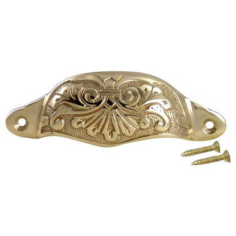 COPPER MOUNTAIN HARDWARE 4 3/8 Inch Overall (3 3/4 Inch c-c) Solid Brass Ornate Victorian Scroll Cup or Bin Pull (Polished Brass Finish)