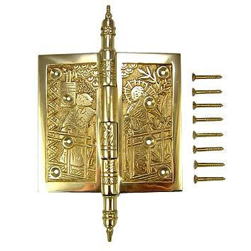 COPPER MOUNTAIN HARDWARE 4 1/2 x 4 1/2 Inch Japanesque Style Ornate Solid Brass Hinge (Polished Brass Finish)