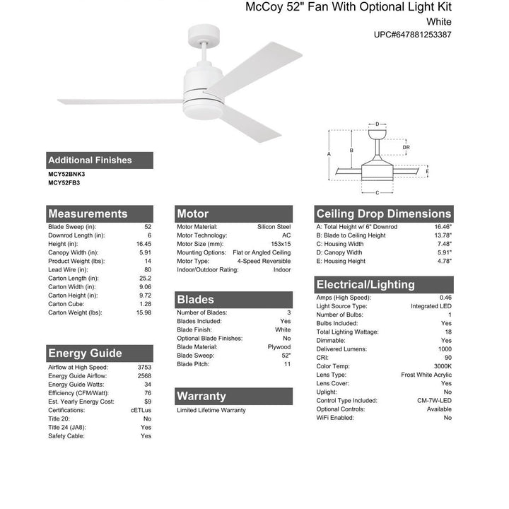 52" McCoy in White w/ White Blades CRAFTMADE