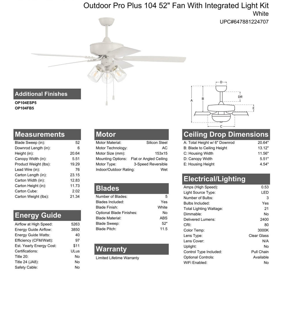 CRAFTMADE 52" Outdoor Pro Plus 104 in White w/ Matte White Blades