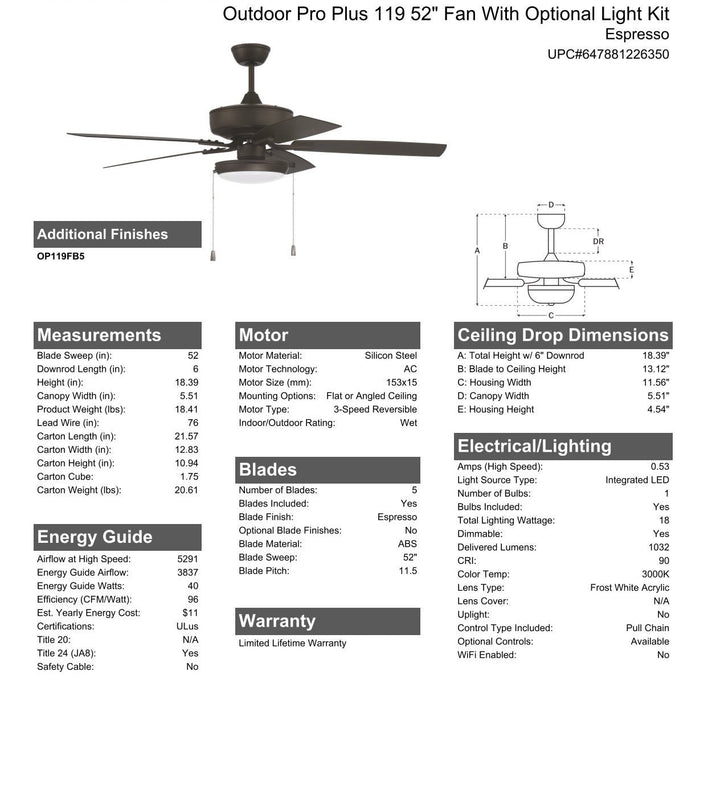 CRAFTMADE 52" Outdoor Pro Plus 119 in Espresso w/ Matte Espresso Blades