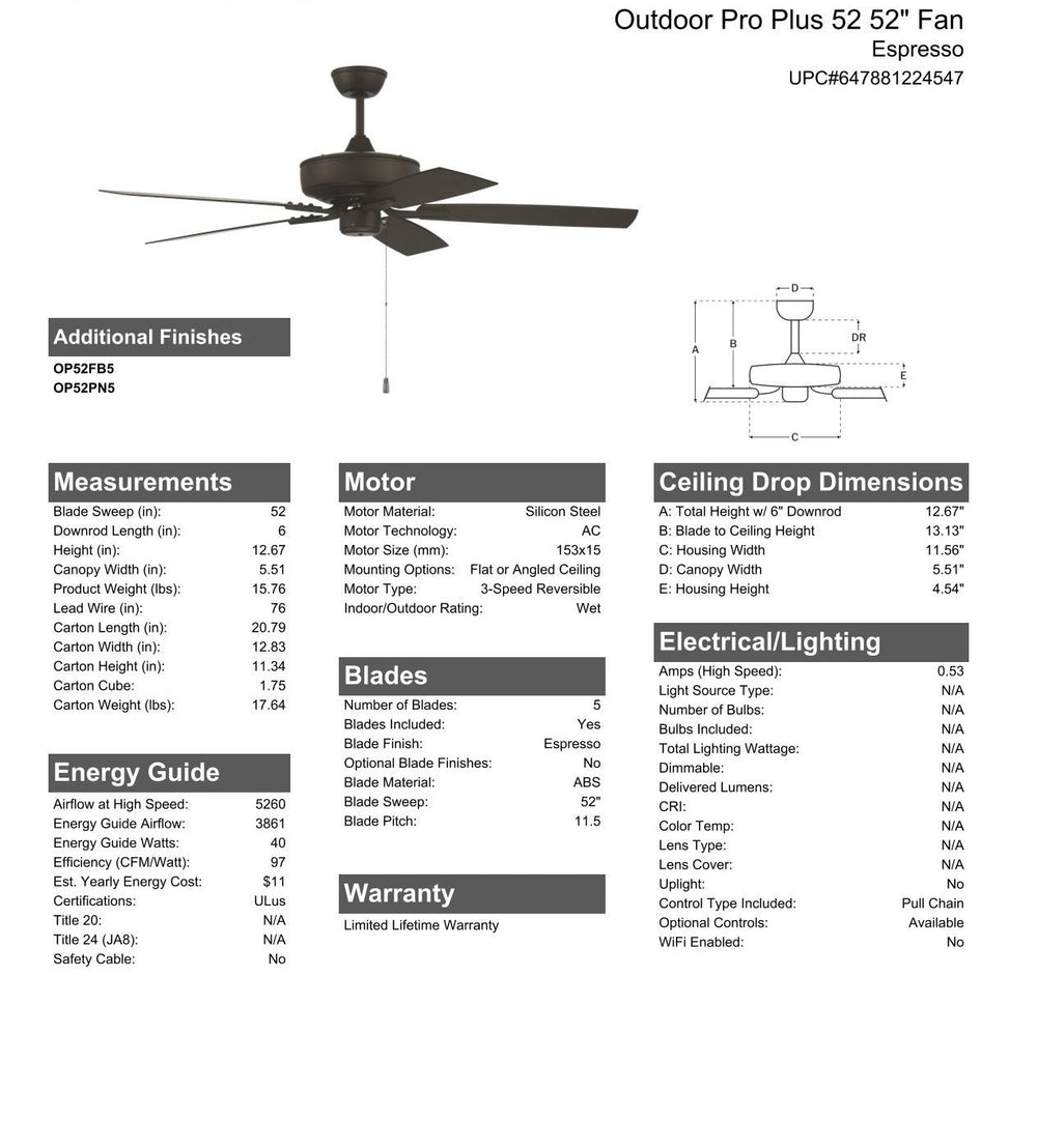 CRAFTMADE 52" Outdoor Pro Plus 52 in Espresso w/ Matte Espresso Blades